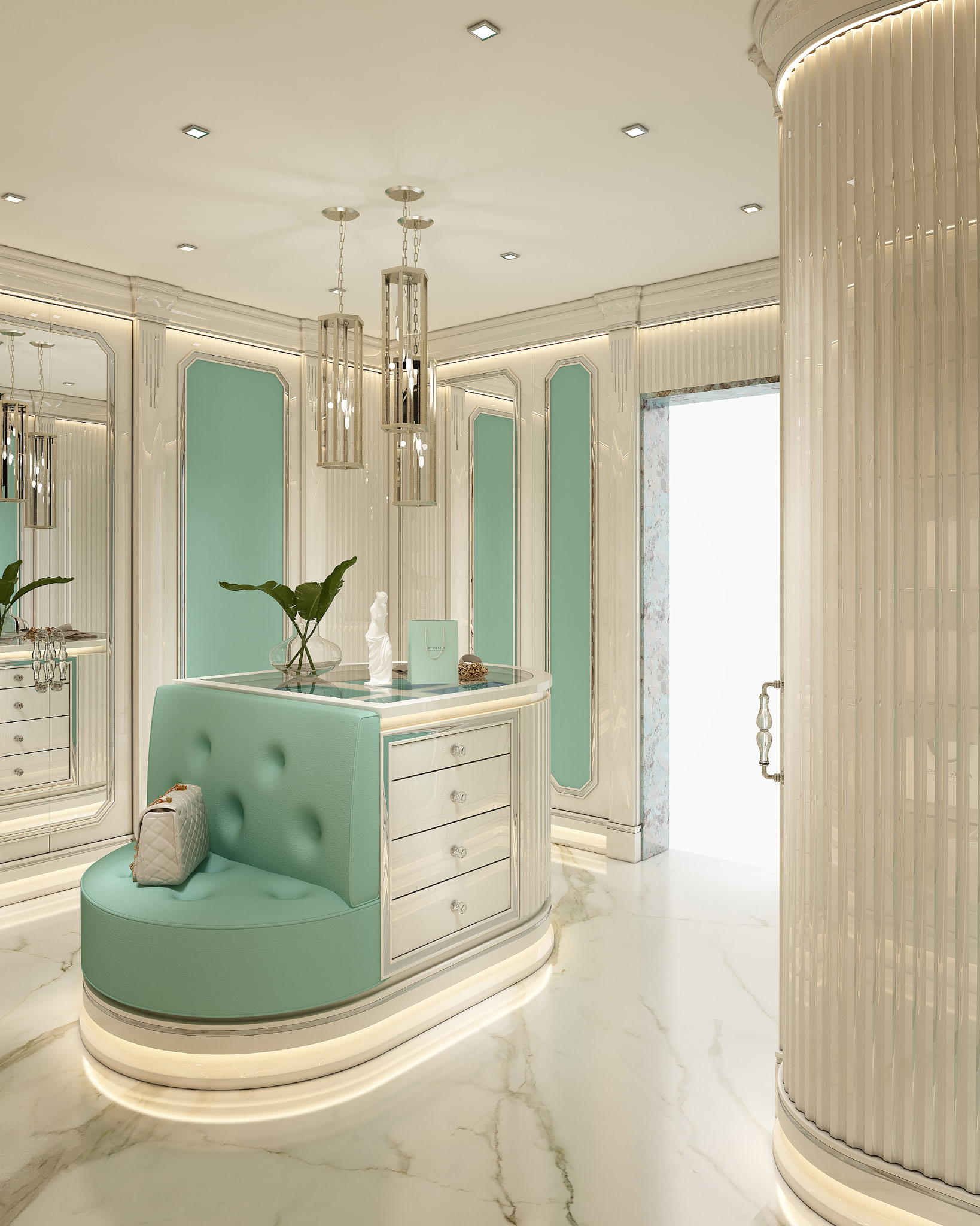 Elegant interior with a mint green rounded reception desk, a mint green upholstered stool with a quilted purse on it, decorative columns, hanging pendant lights, and a marble floor.