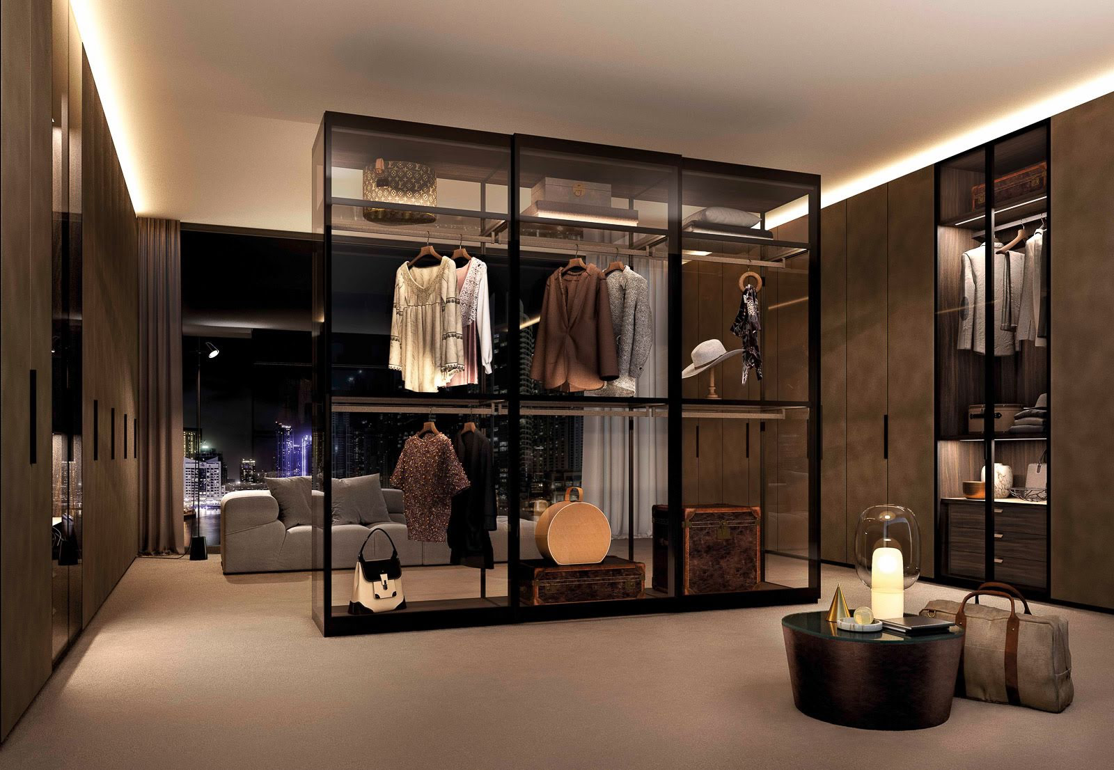 Modern walk-in closet with glass doors, displaying hanging clothes including dresses and jackets, with city skyline visible through the window, and a cozy sitting area with a gray sofa and decorative lighting.