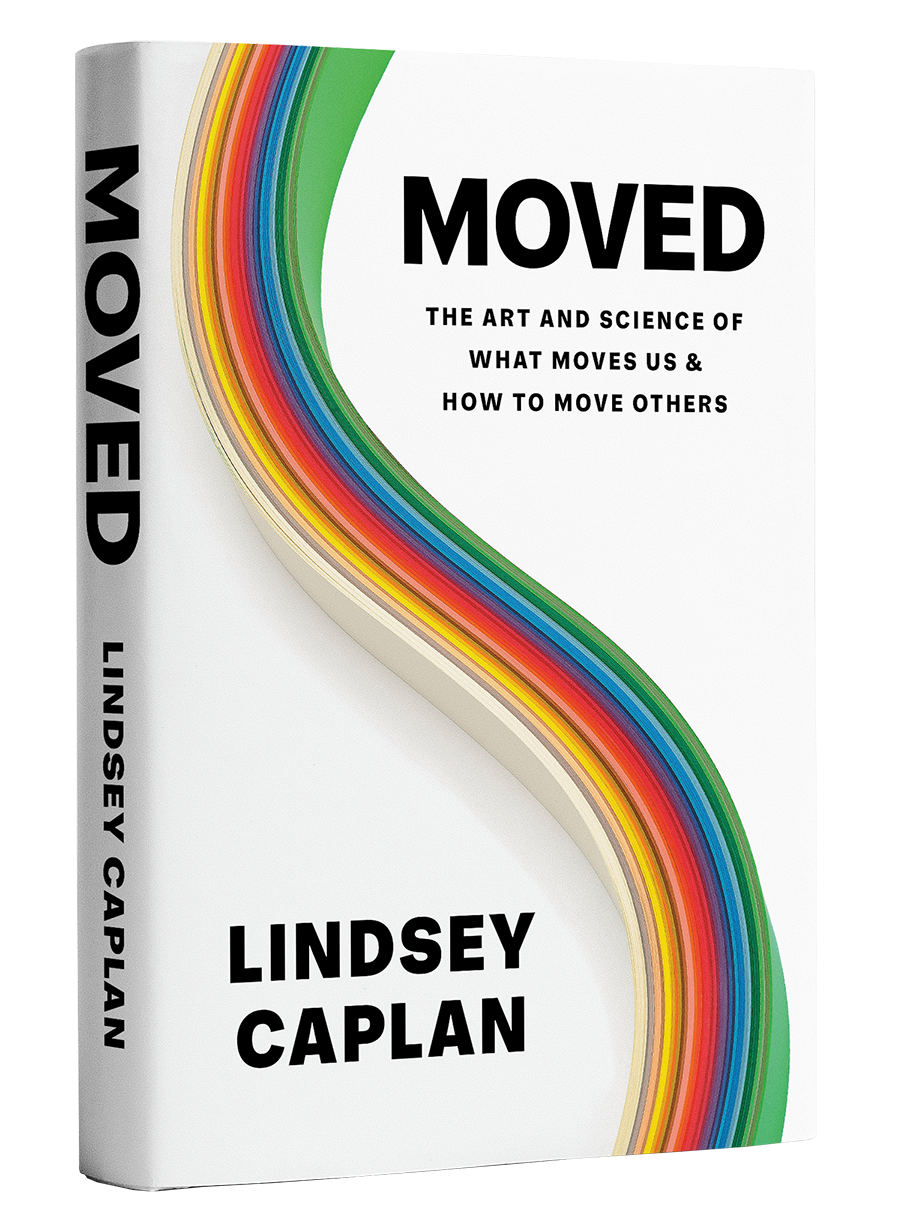 Book cover titled 'Moved: The Art and Science of What Moves Us & How to Move Others' by Lindsey Caplan, featuring a colorful rainbow swirl design.