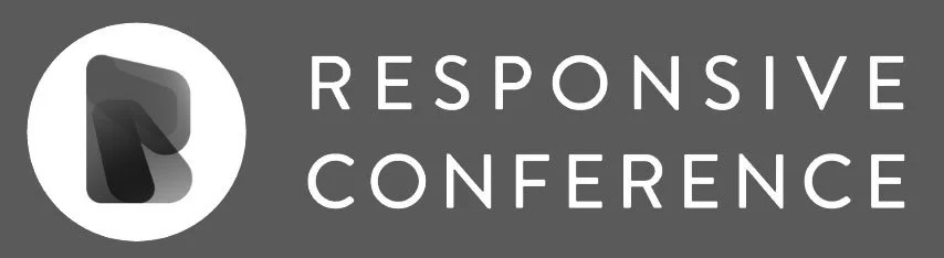 Logo for the Responsive Conference featuring a stylized 'R' in black within a gray circular background, with the event name written in white uppercase letters on a dark gray background.