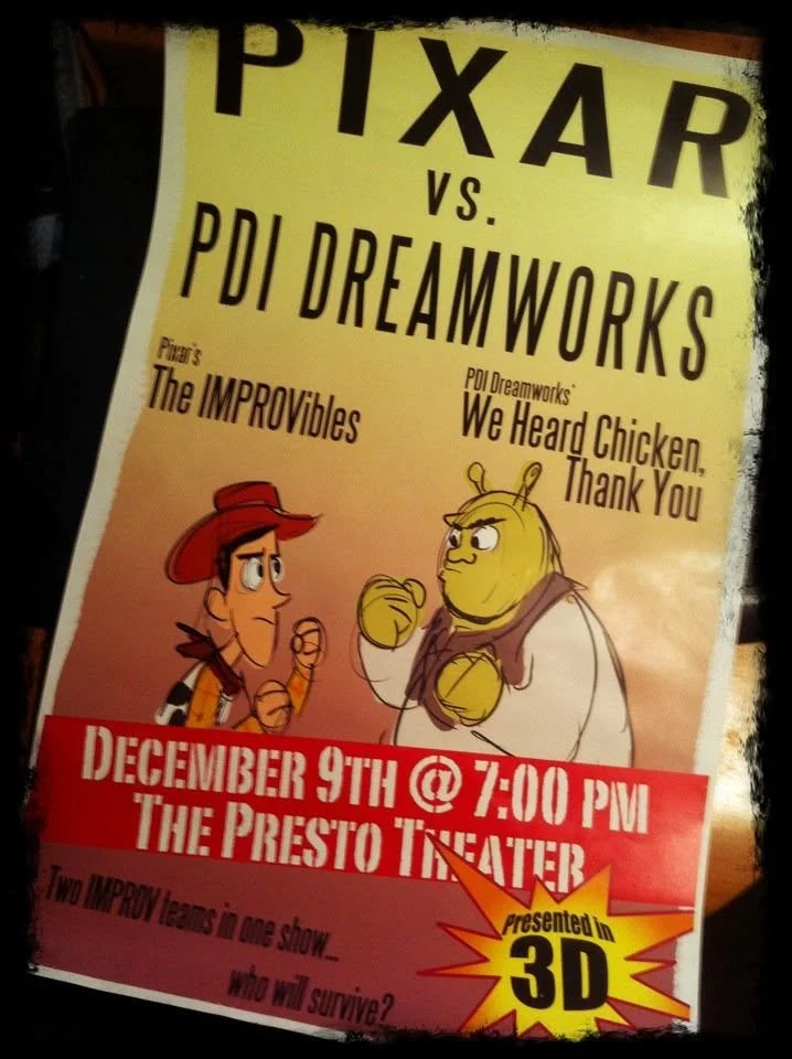 Poster advertising a theatrical showdown between Pixar and PDI DreamWorks, featuring characters from The Incredibles and Shrek, scheduled for December 9th at 7:00 PM at The Presto Theater, presented in 3D.