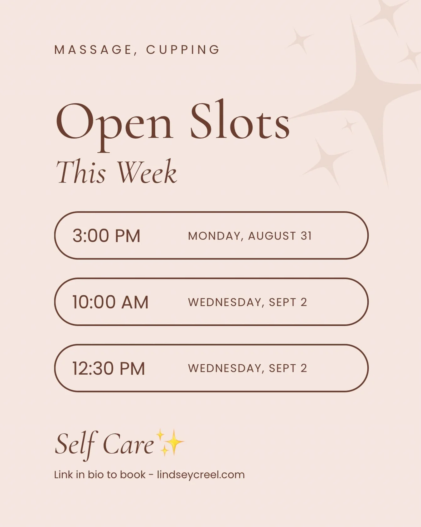 Need to get in for a massage? Here are some available times in the next few days. Reach out with questions. ✨ 💕