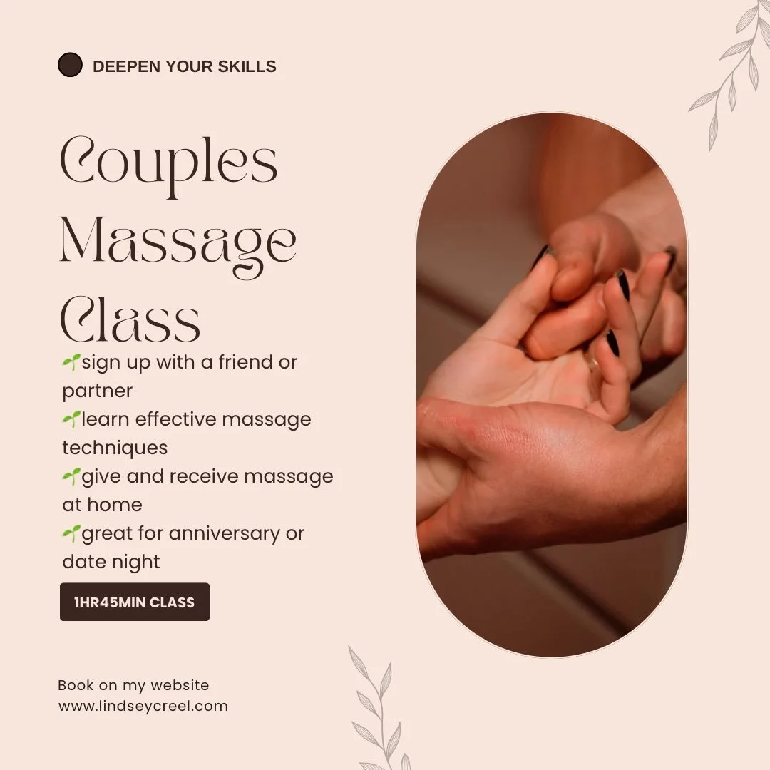Book this class with a friend or partner and learn simple massage techniques to give a great massage at home. This is great for a date night, anniversary, or any time you want to increase your skills of touch, attunement, and connection. The class wi