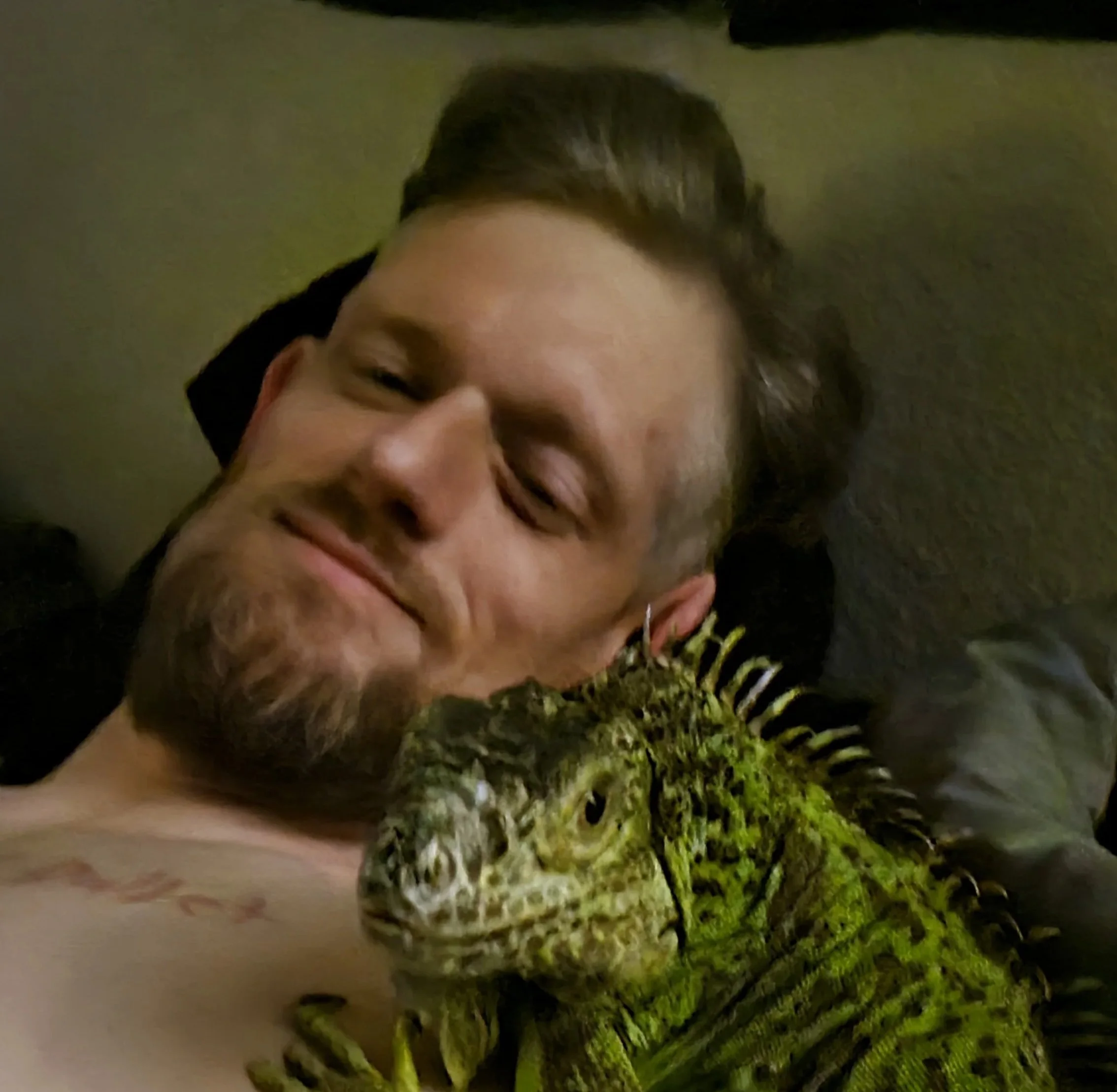 Up-close image of Buzz, a female iguana, with her daddy.