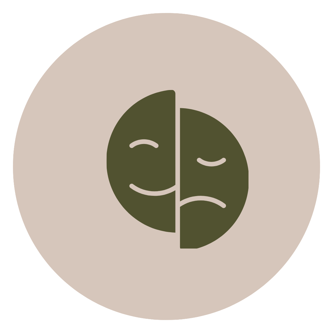 A circular graphic depicting a split face, with one half smiling and the other half frowning.