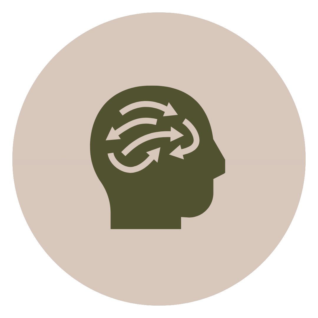 Silhouette of a human head with arrows representing mind activity or thoughts inside the brain.