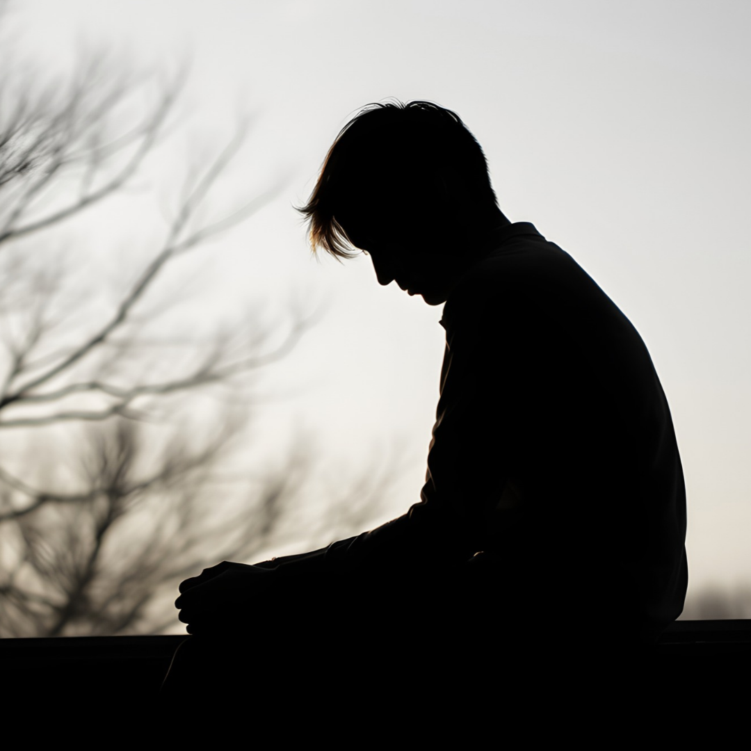 Silhouette of a person with hair covering their face sitting outdoors during sunset or sunrise, with blurred tree branches in the background.