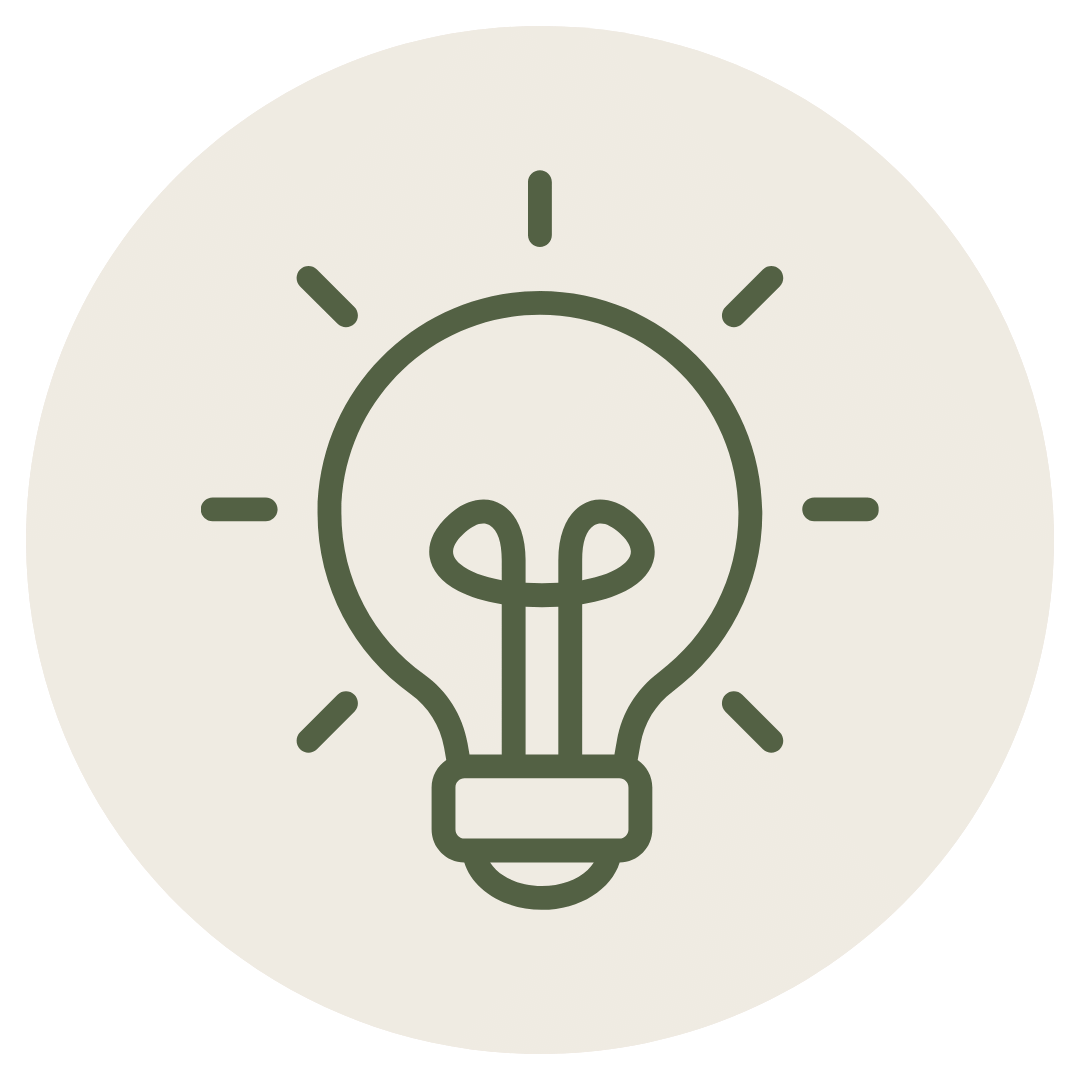 Line drawing of a light bulb with rays of light around it, symbolizing an idea or innovation.
