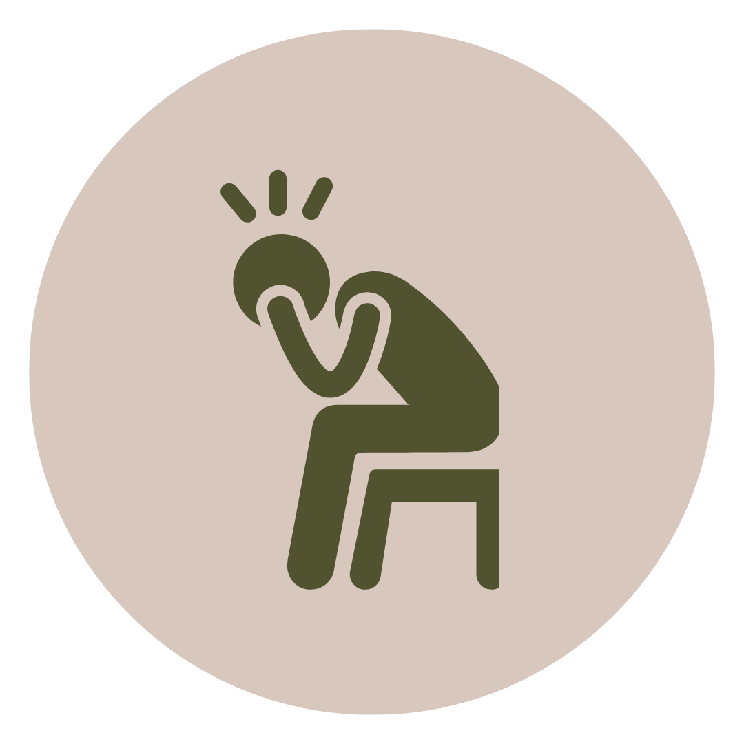 Icon of a person sitting on a chair, holding their head, with lines indicating pain or distress