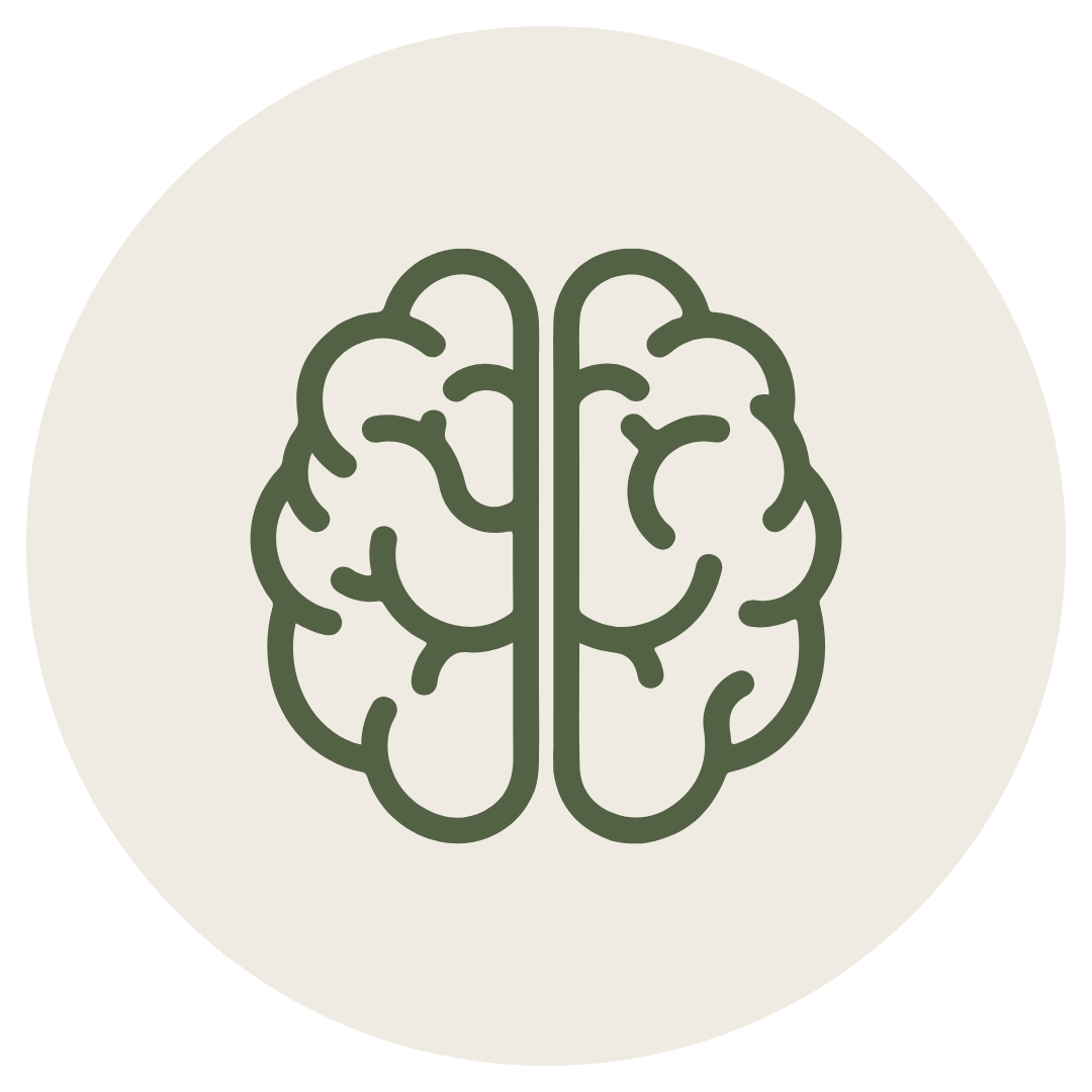 Line drawing of a brain inside a white circle.