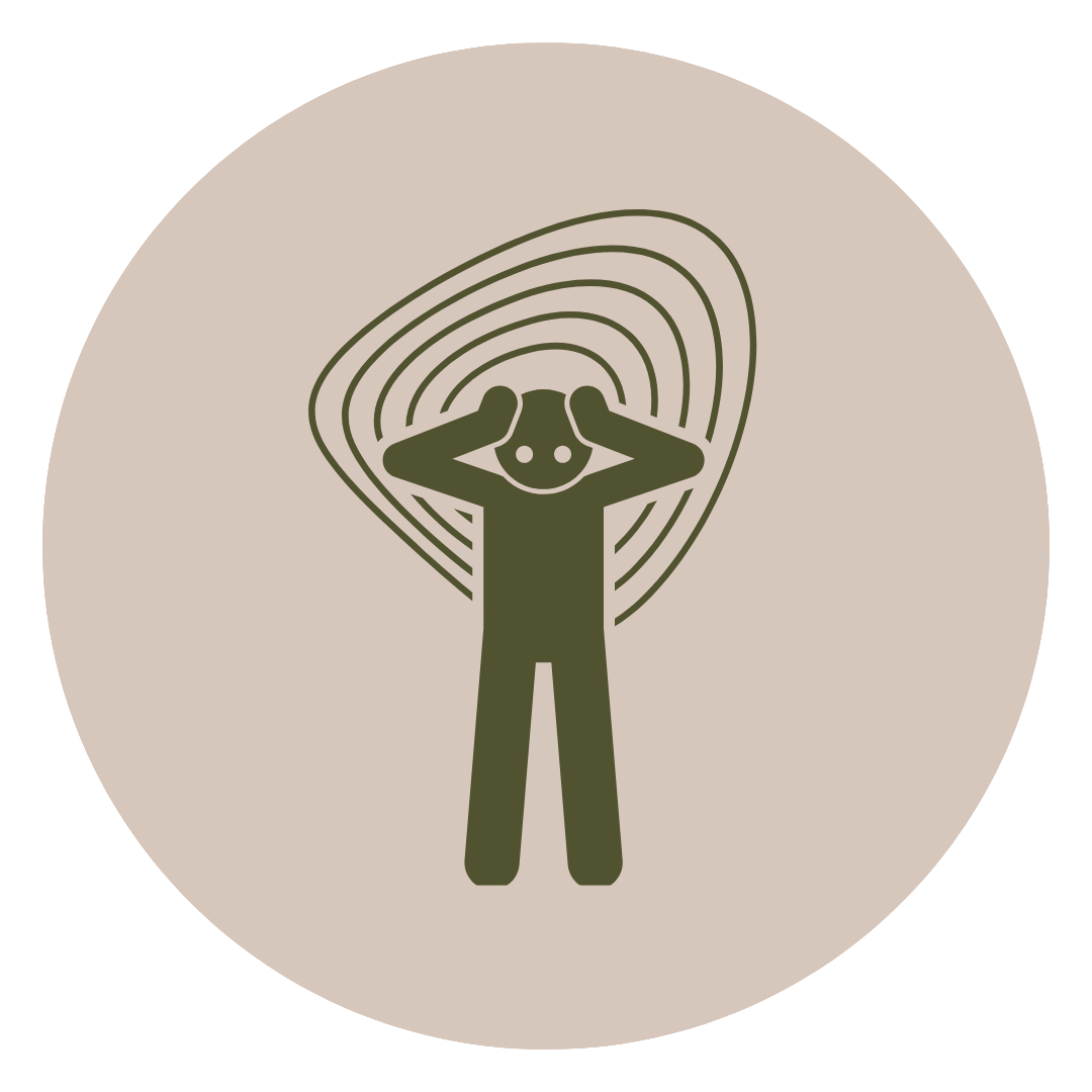 Simplified graphic of a person with their hands on their head, surrounded by curved lines representing a loud or overwhelming sound or noise.
