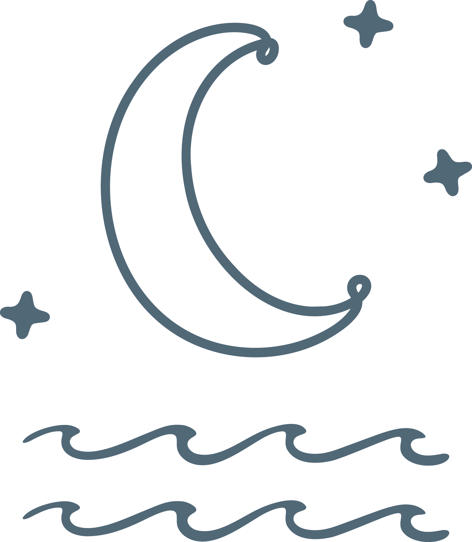 A stylized drawing of a crescent moon with a star nearby, and wavy lines representing water at the bottom.
