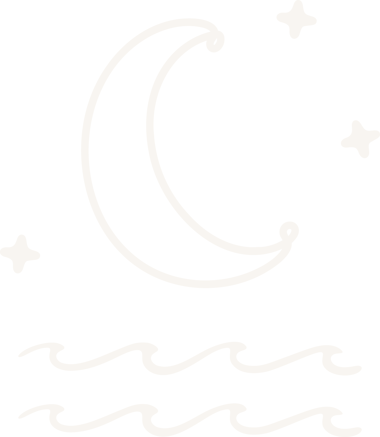 A white crescent moon and three white stars on a black background, with white wavy lines at the bottom.