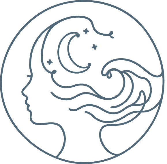Line drawing of a woman's side profile with flowing hair, a crescent moon, and stars in her hair, inside a circle.