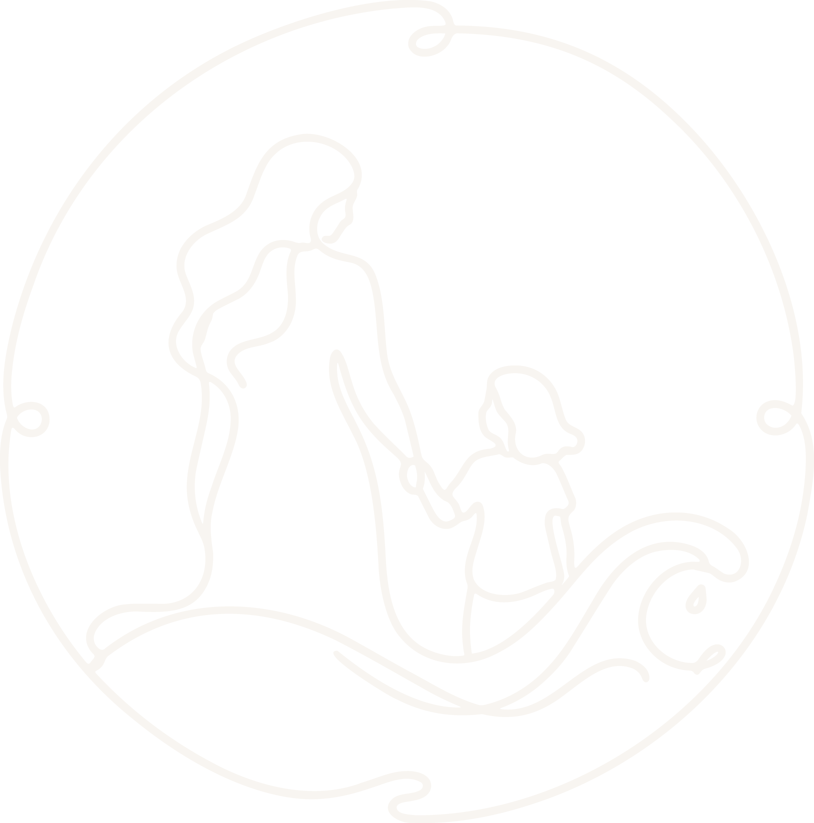 Line art illustration of a woman and a girl holding hands inside a circular border, with a stylized wave at the bottom.