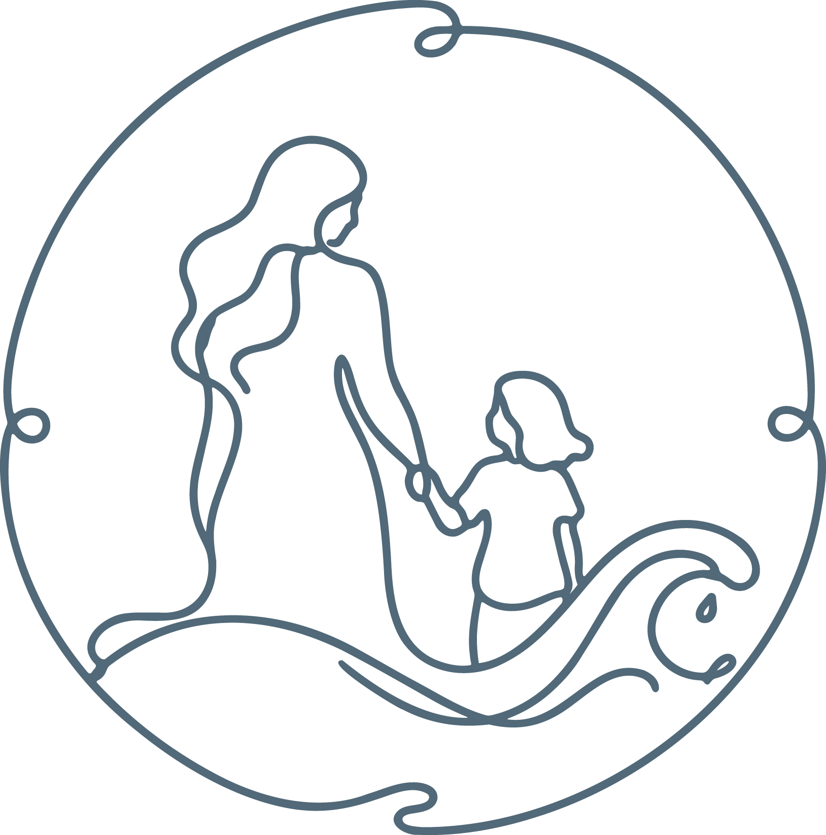 Line drawing of a woman and a young girl holding hands inside a globe outline