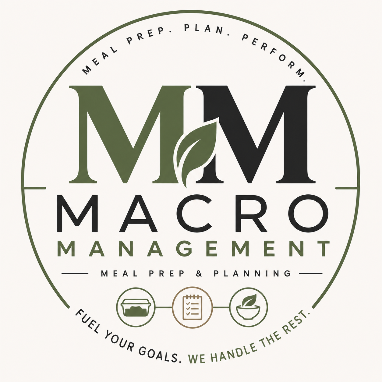 Circular logo for M&M Macro Management with the text 'Meal prep, planning, and performance' and icons representing meal containers, checklists, and bowls, along with the slogans 'Fuel your goals' and 'We handle the rest.'
