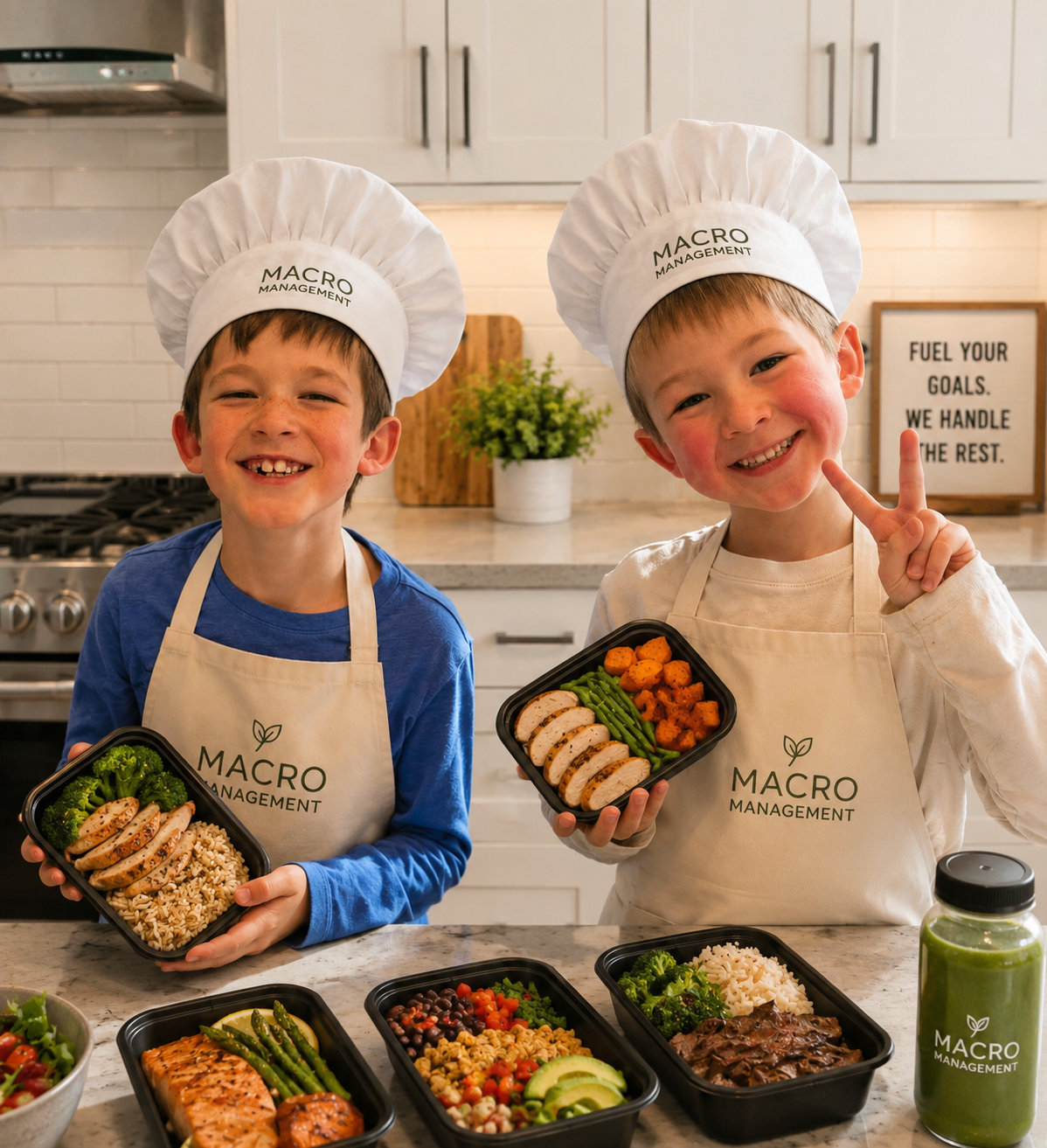 Two young boys wearing chef hats and aprons with 'Macro Management' logo, smiling and holding meal containers in a modern kitchen with prepared meals on the counter, including salads, grilled salmon, and rice.