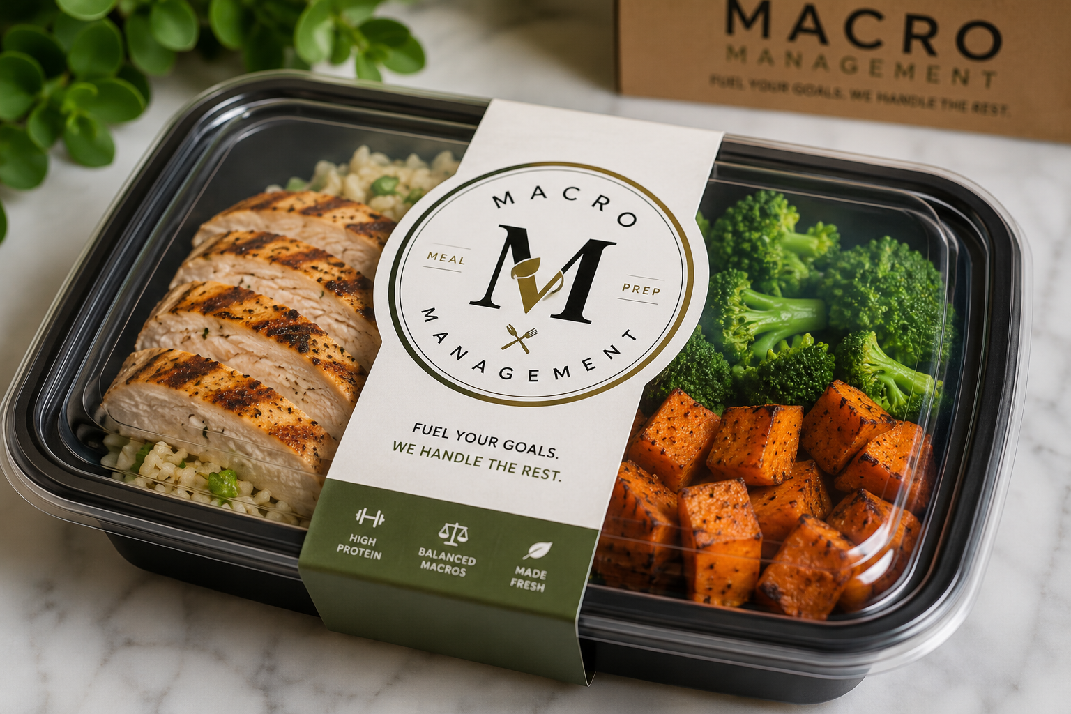Meal prep container with sliced grilled chicken, broccoli, and roasted sweet potatoes, labeled with Macro Management branding.