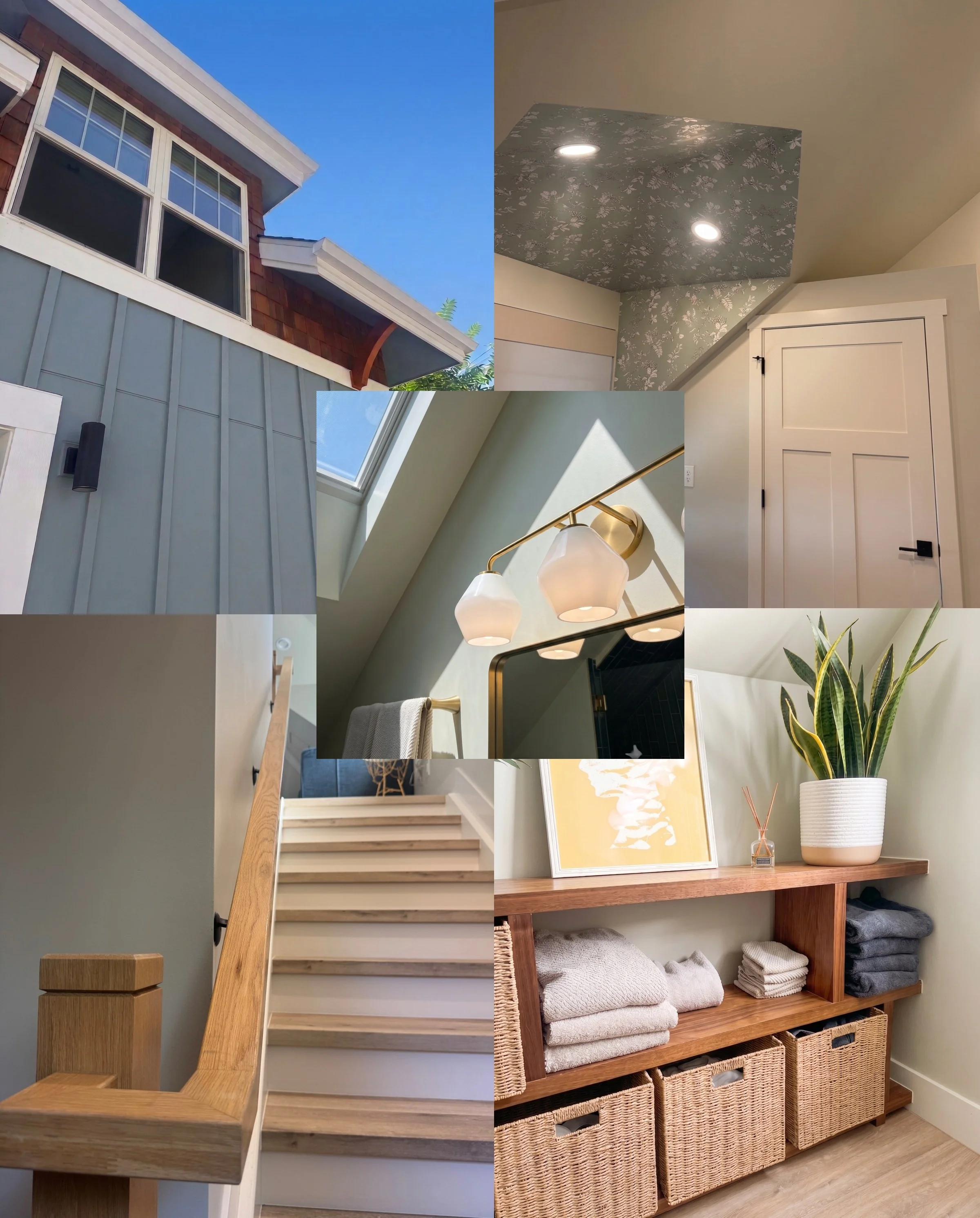 Design details of our Sunnyside carriage house — cedar shake gable, skylights, wallpapered ceilings, and brass fixtures