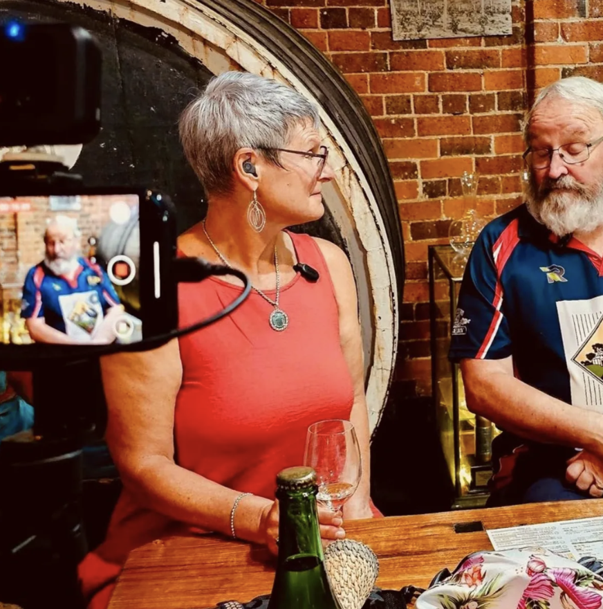 Norma interviewing Chris Pfeiffer in Wahgunyah (part of the Rutherglen wine region in Victoria, Australia) of Pfeiffer Wines
