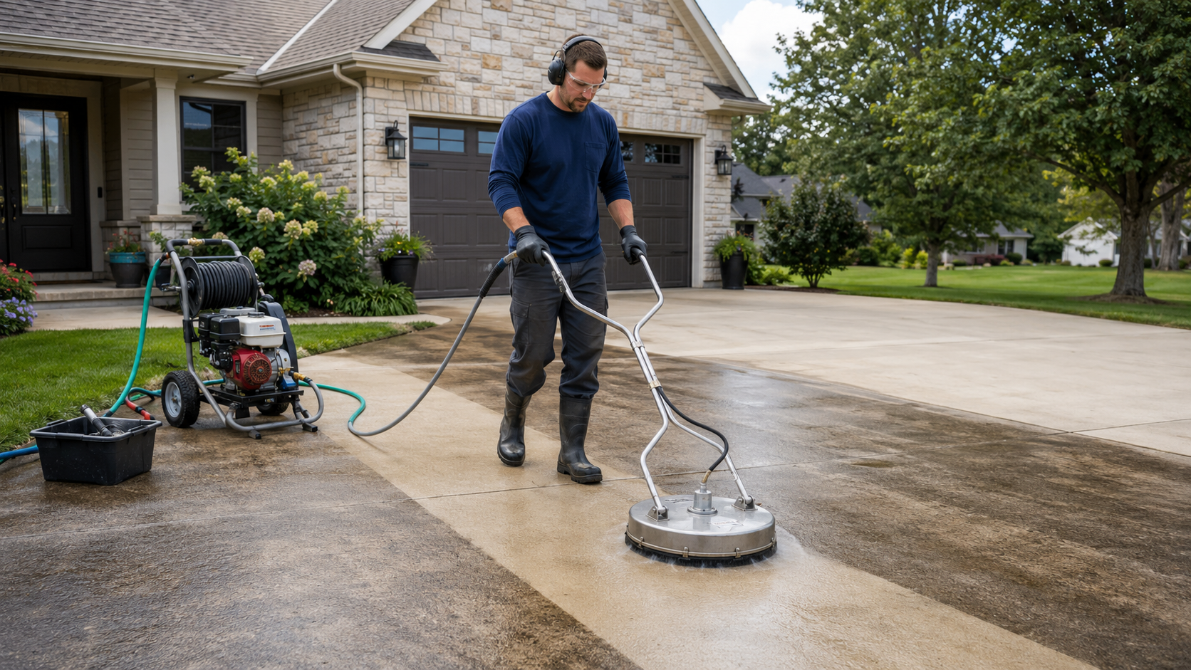 A man wearing safety glasses, gloves, and boots uses a power trowel to smooth wet concrete on a driveway in front of a house, with gardening pots and greenery in the background.