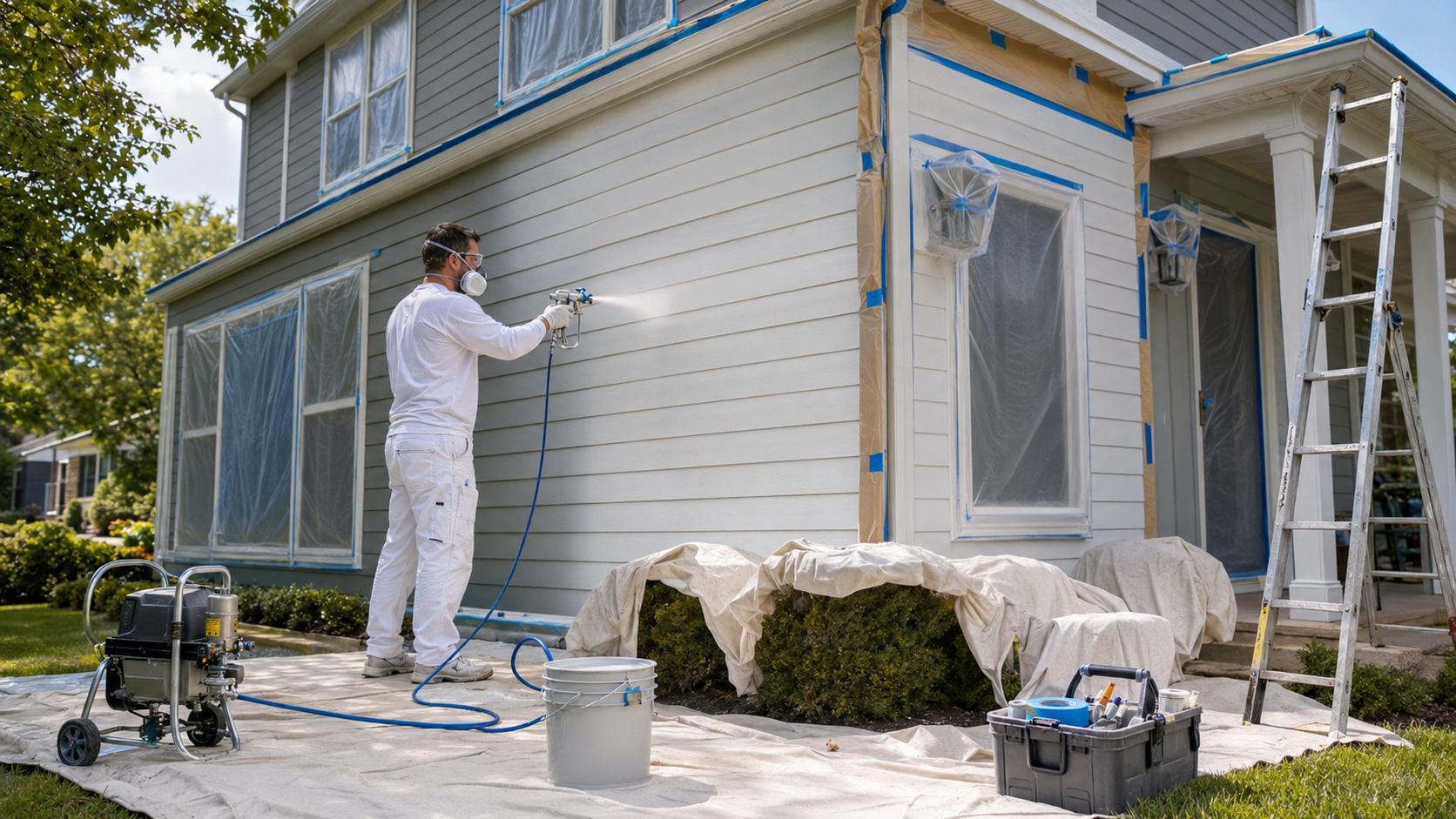 A man wearing a white mask and gloves is power washing the exterior of a house with beige siding. The house has multiple windows covered with plastic sheeting. A ladder leans against the house on the right side. There are some bushes on the ground, covered with a tarp, and various tools and equipment are placed on a blanket or in a toolbox in the yard.