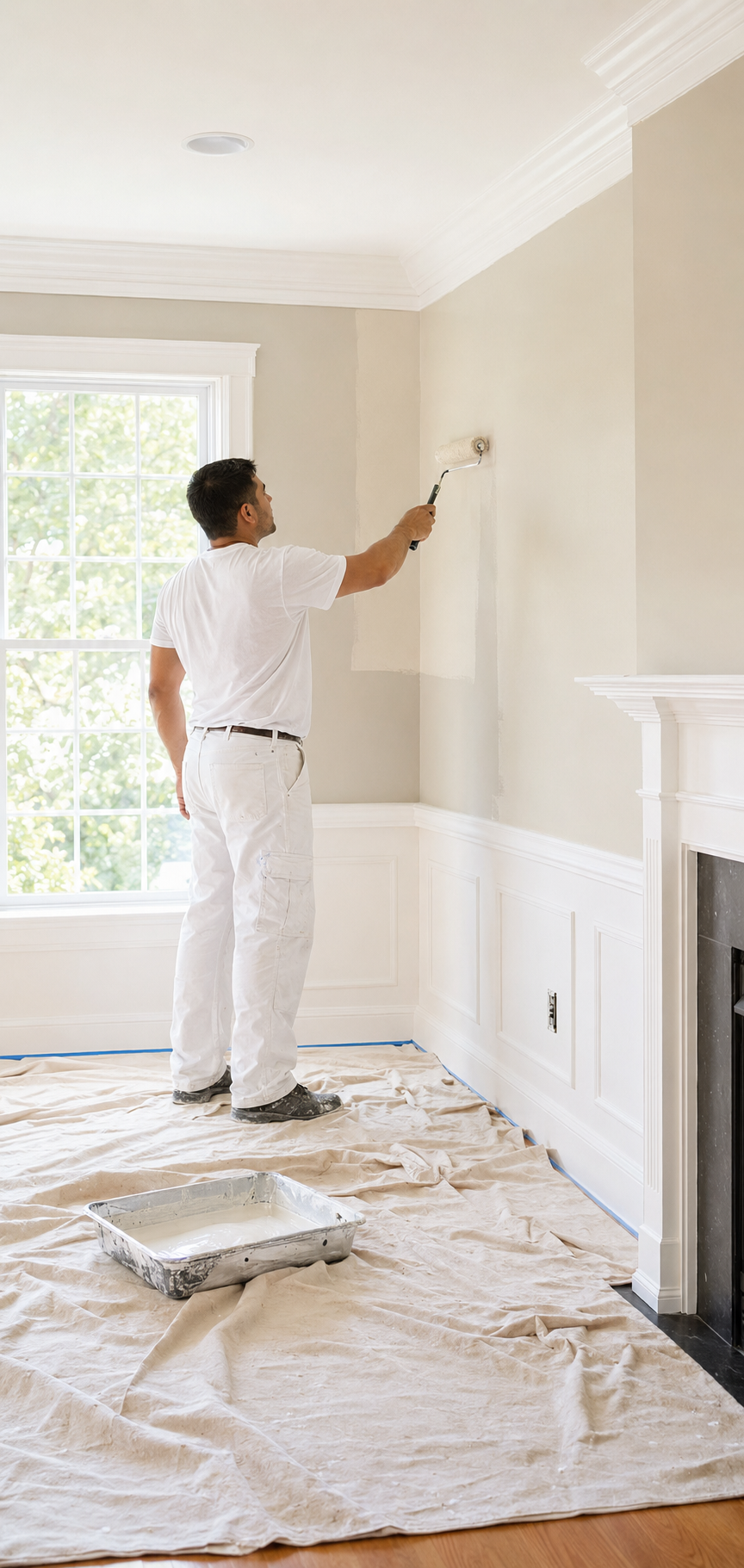 A man painting a beige wall with a paint roller in a bright room with large window and white crown molding.