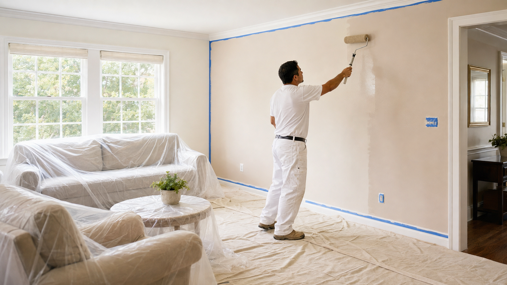 A man painting a wall with a roller in a living room while standing on the floor covered with a drop cloth. The room has large windows with trees outside, and plastic coverings on the furniture and floor.