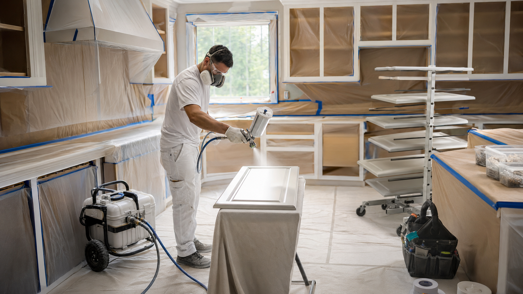 A man wearing protective gear and white clothing sprays a cabinet with paint or protective coating in a room under renovation. The room is covered and masked for painting, with various tools and equipment around.
