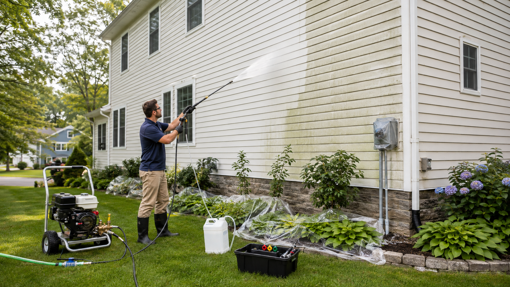 A man in khaki pants, a navy blue shirt, and black boots is pressure washing the side of his white house with a spray wand. He is standing on a well-manicured lawn next to a garden bed with plants covered in plastic. A pressure washer machine is placed on the grass nearby.