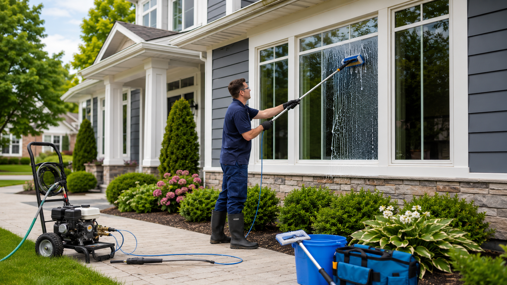 A man power washing the windows of a house with a long-handled brush, surrounded by green lawn and shrubs.