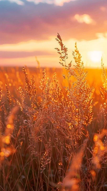 Sunset over a field of tall grasses and wildflowers, with the sky displaying orange, pink, and purple hues.