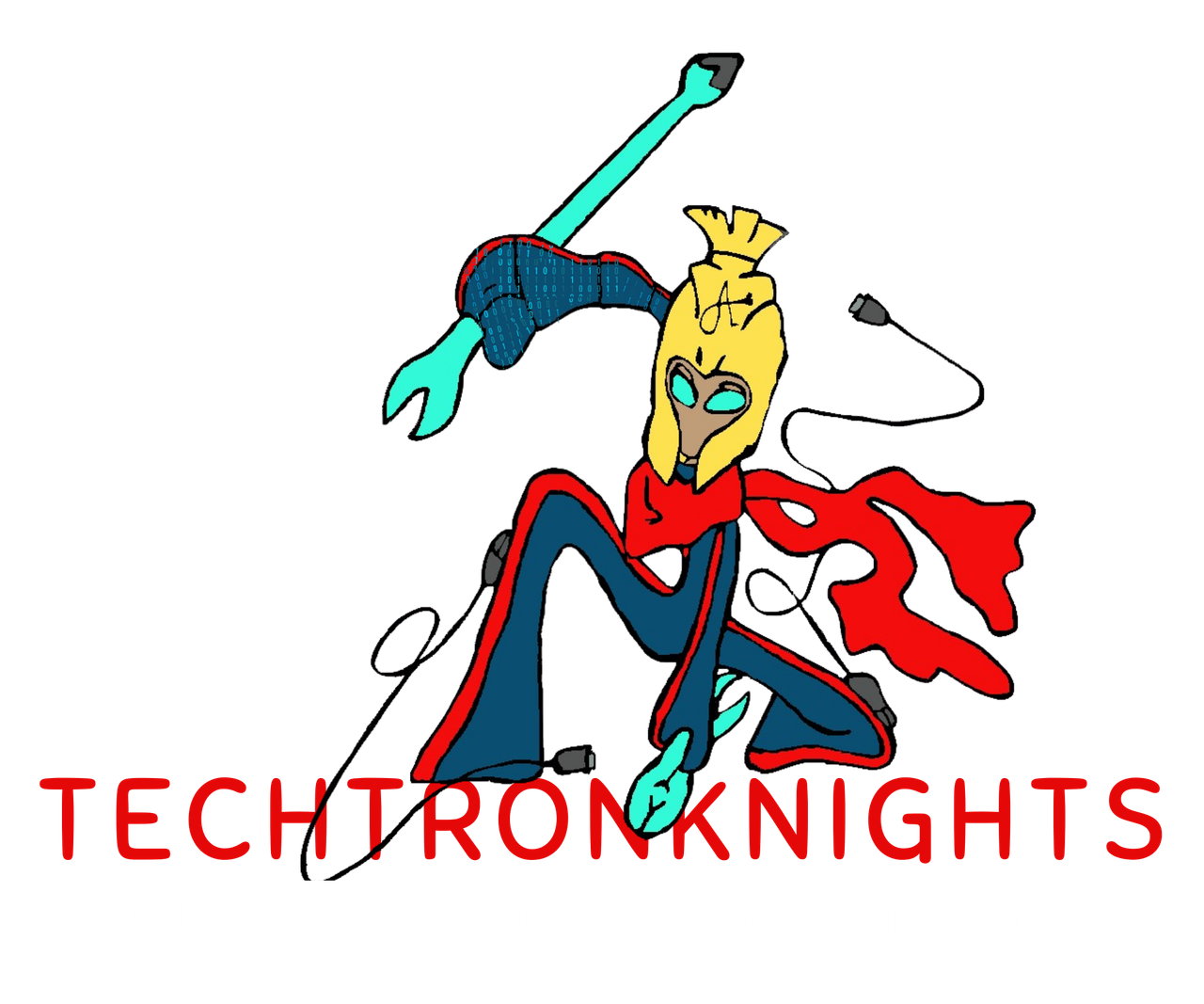 A cartoon character with blonde hair and glowing blue eyes kneels with one knee on the ground, holding a small glowing object. The character wears a red cape, dark blue outfit with red accents, and is surrounded by machinery and digital elements. Text at the bottom reads 'TECHOTRONICHS' in bold red letters.