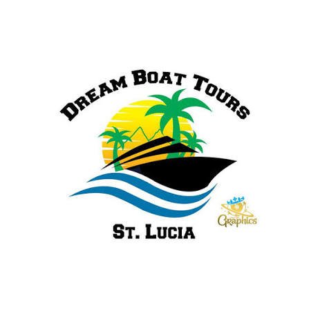 Logo for Dream Boat Tours in St. Lucia featuring a boat, palm trees, sun, and waves.