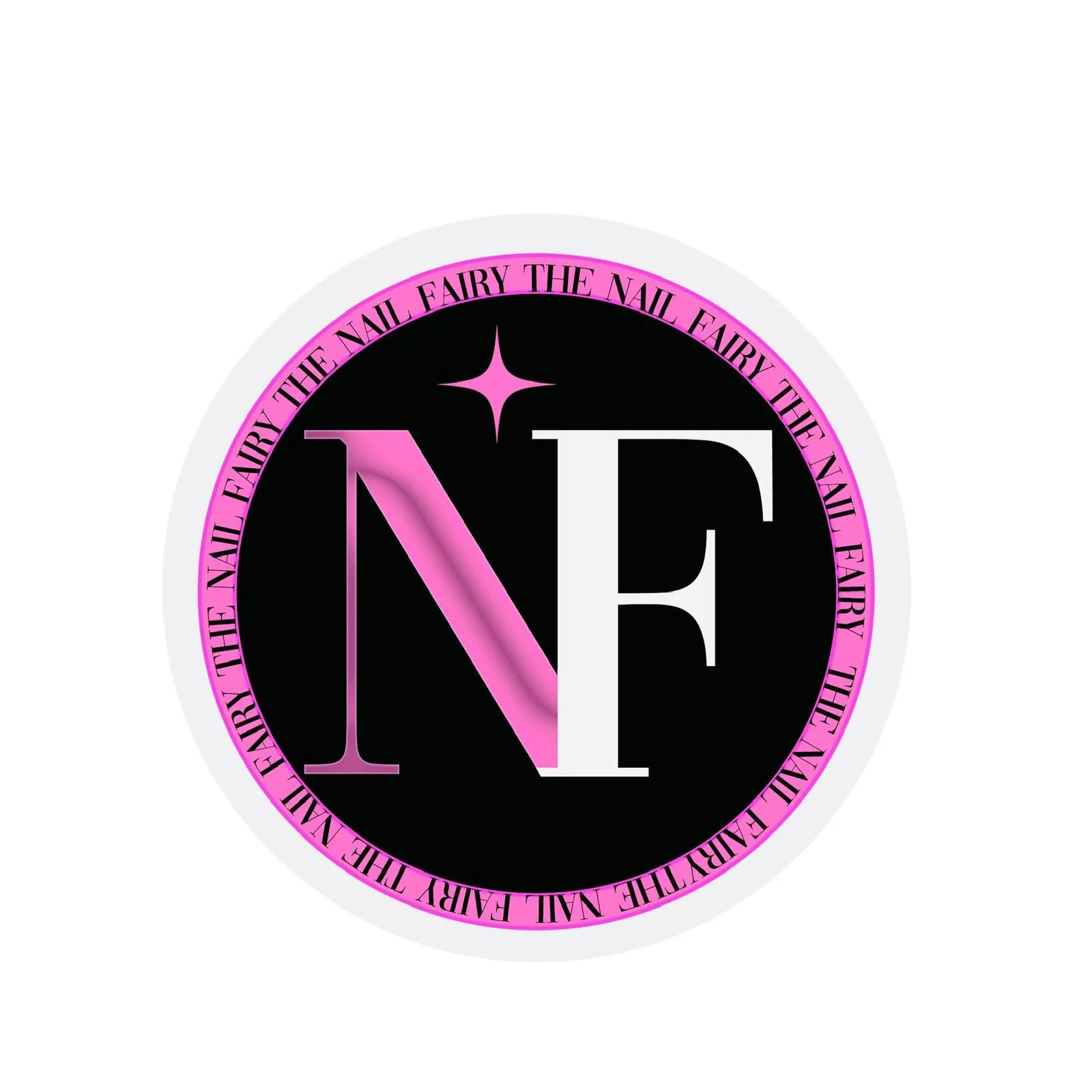 A circular logo with a pink border featuring the repeated phrase "THE NAIL FAIRY" around the edge. Inside the circle, there is a black background with large, stylized pink and white capital letters "N" and "F" and a small star above the "N".