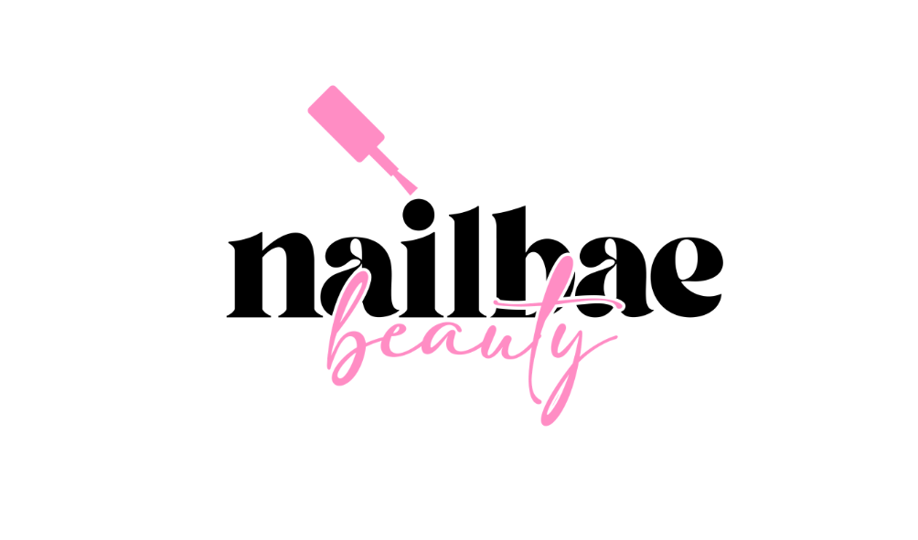 Logo for Nailbae Beauty with black text, pink nail polish bottle and nail file graphics.
