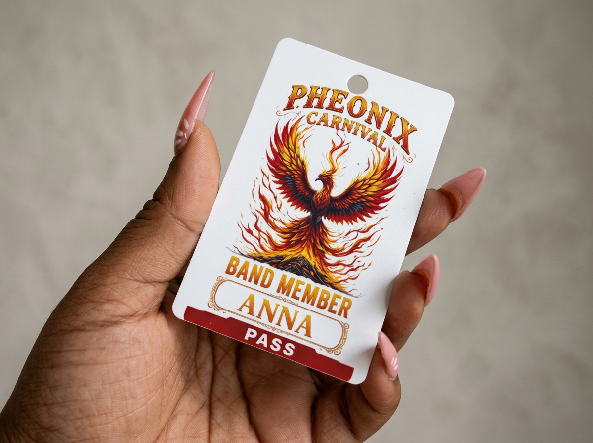 A hand holding a carnival band member pass for Pheonixx Carnival with a phoenix illustration.