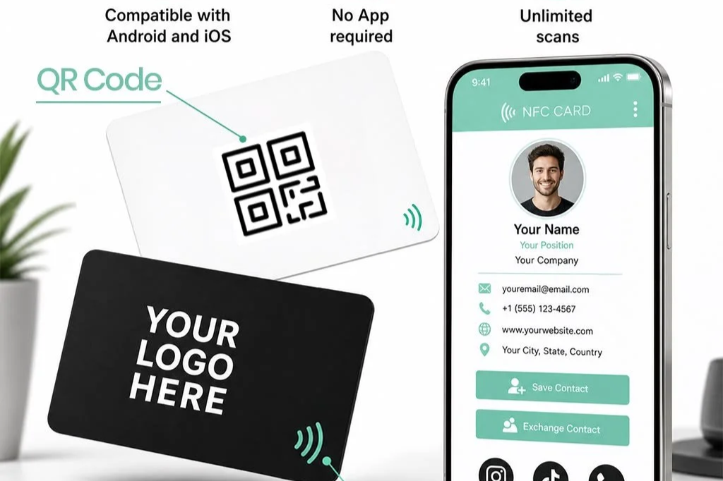 An illustration showing a digital NFC card with a placeholder logo and a smartphone with a digital business card displayed; the NFC card features a QR code, and another part of the image emphasizes the card's compatibility with Android and iOS, no app required, and unlimited scans.