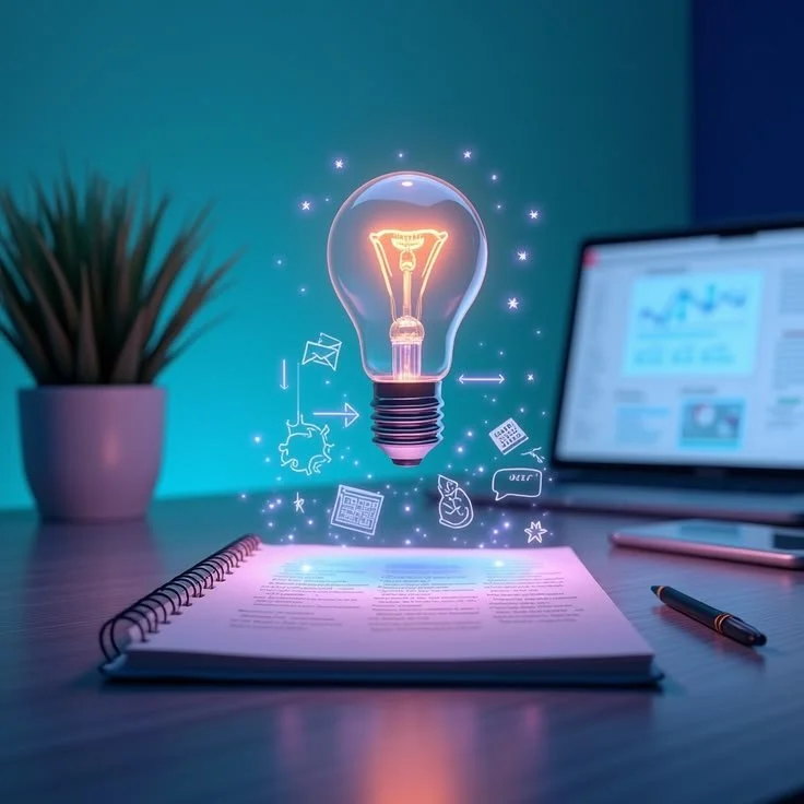 A computer desk with a spiral notebook, a pen, a laptop, and a potted plant. A glowing holographic light bulb with digital icons and symbols around it appears above the notebook, symbolizing an idea or innovation.