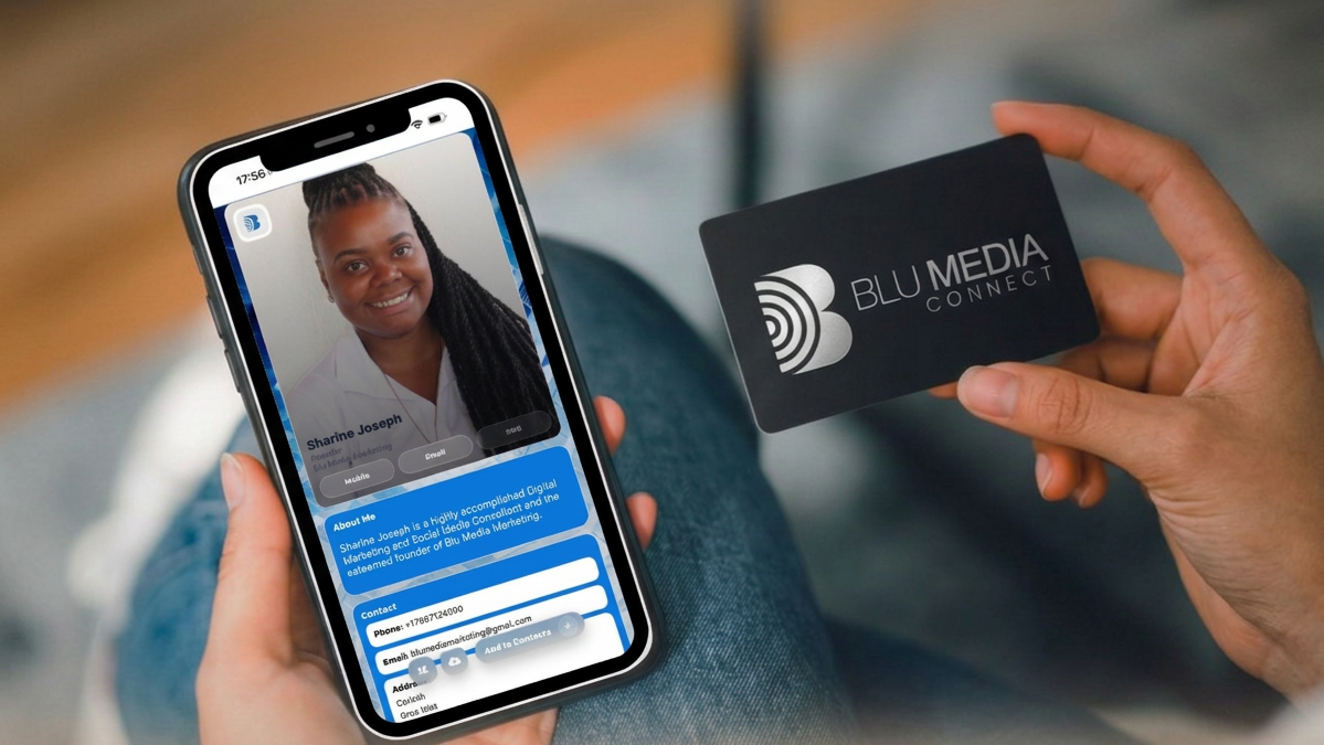 A person holding a smartphone and a business card. The smartphone screen displays a digital profile of Sharine Joseph, including her picture, contact information, and a brief bio. The business card has the logo and text for BLU Media Connect.