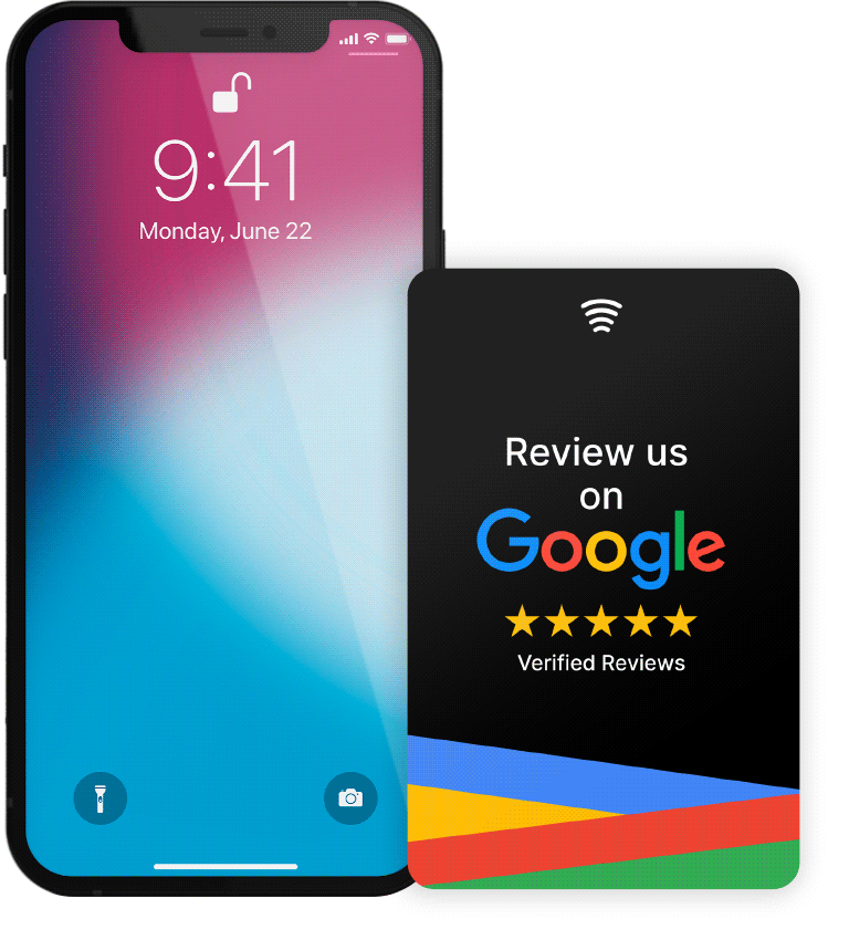 Smartphone with a screen showing the time 9:41 and the date June 22, next to a digital advertising sign encouraging Google reviews with five stars and the words "Review us on Google".