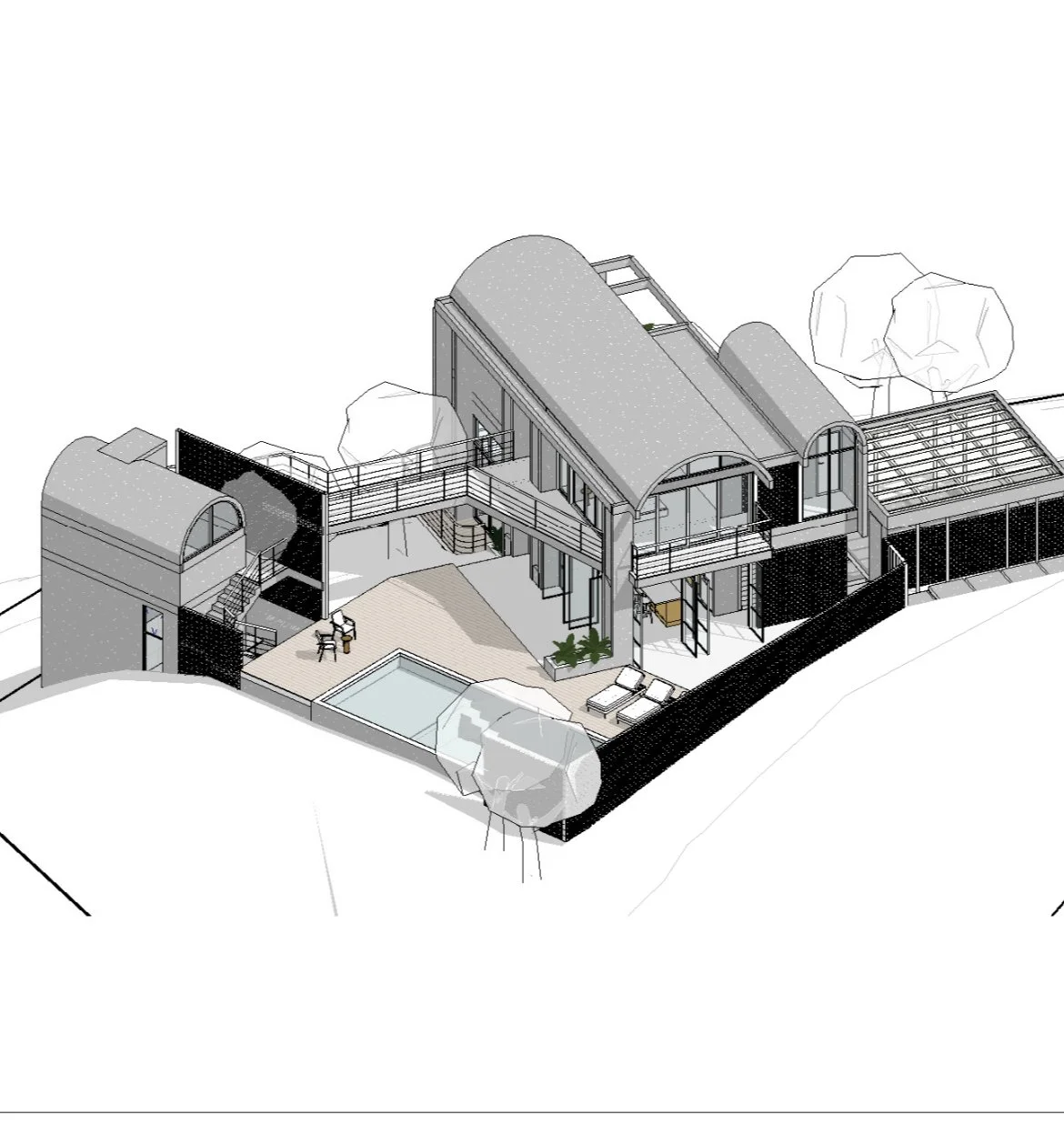 A 3D architectural rendering of a modern house with outdoor patio, pool, and surrounding landscape, featuring multiple levels, curved roofs, and large glass windows.