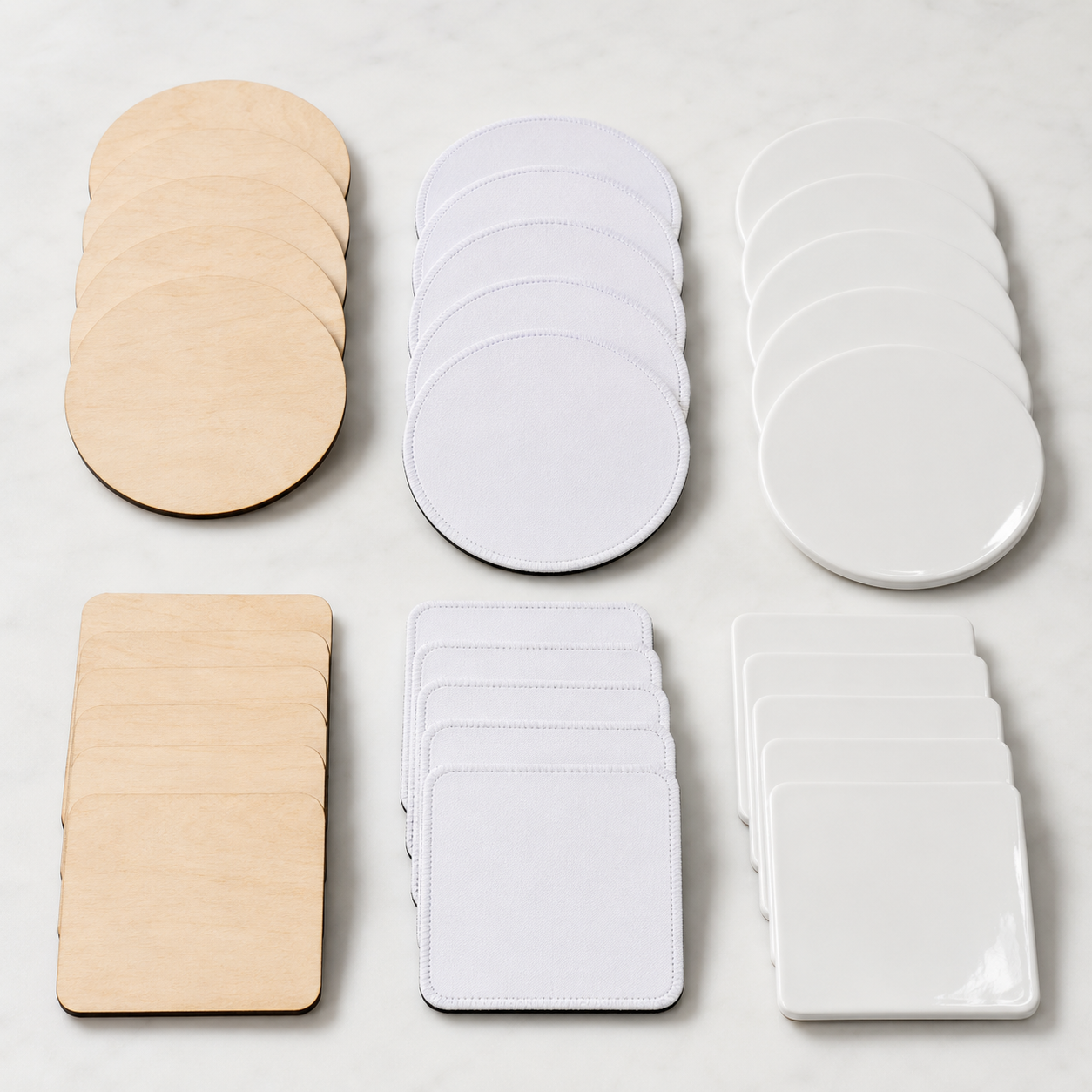 Wooden, fabric, and ceramic coasters
