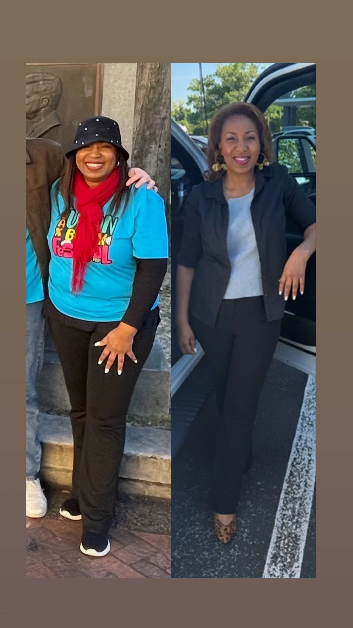 Side-by-side images of the same woman. In the left image, she is wearing a black bucket hat, red scarf, black long-sleeve shirt underneath a blue t-shirt, black pants, and sneakers, smiling outdoors. In the right image, she is dressed more formally in a black blazer, gray top, black pants, leopard-print shoes, and gold earrings, standing outdoors next to a vehicle, smiling.
