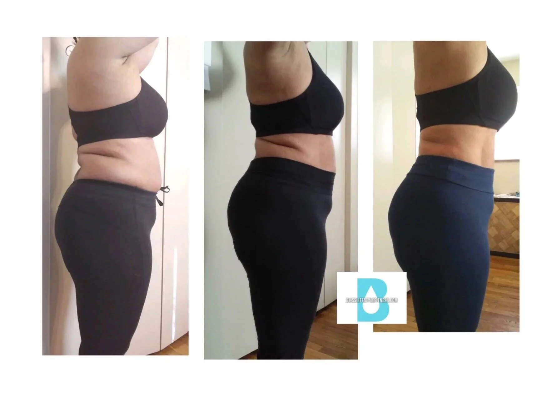 Progress photos showing a woman in black leggings and a black sports bra, displayed side by side, illustrating weight loss or body transformation over time.