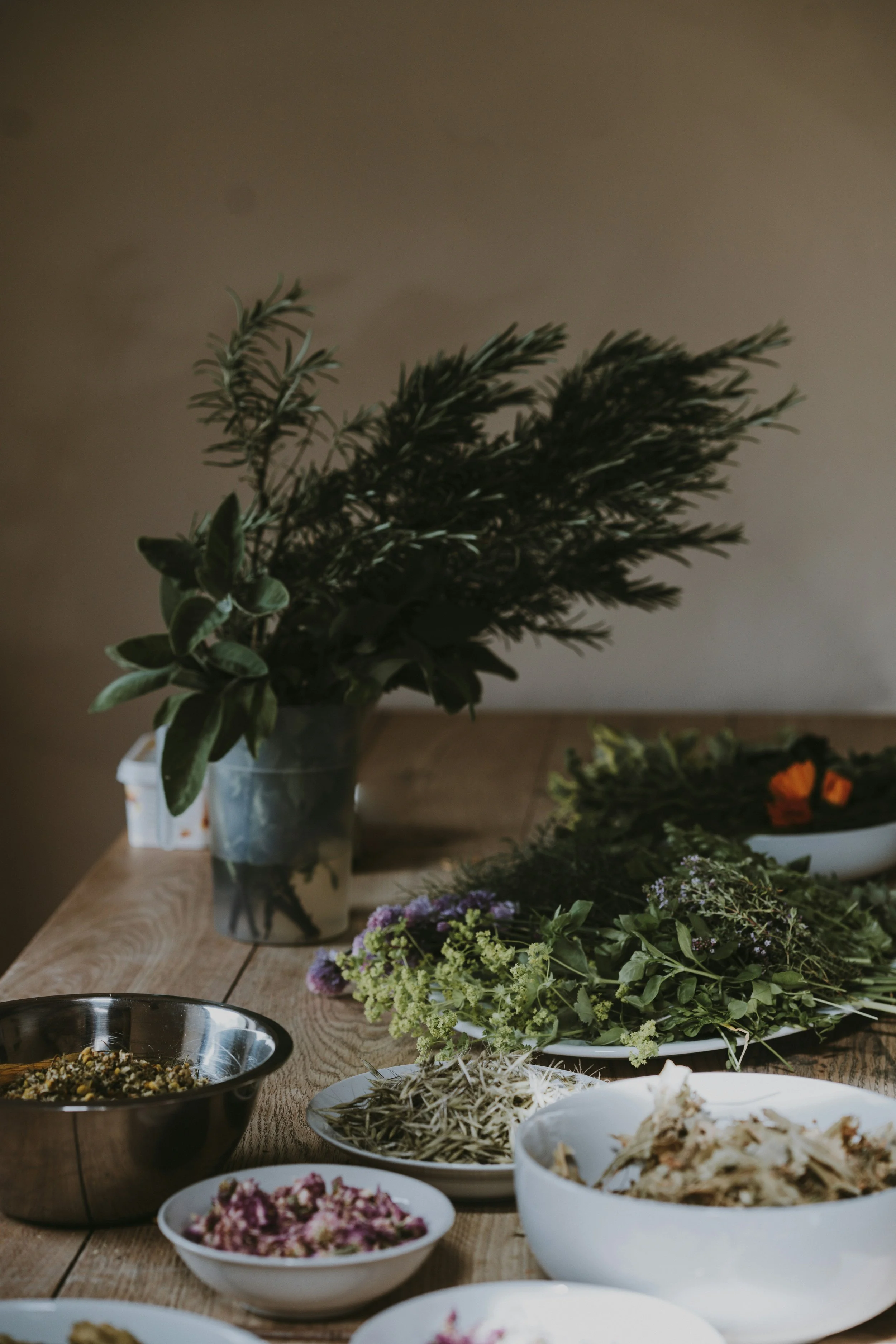 A wooden table with various bowls of dried herbs, flowers, and plant materials arranged on it. In the background, there are potted plants and more greenery.