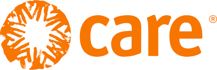 Orange circular logo with abstract human figures forming a star shape, next to the word 'care' in orange text.