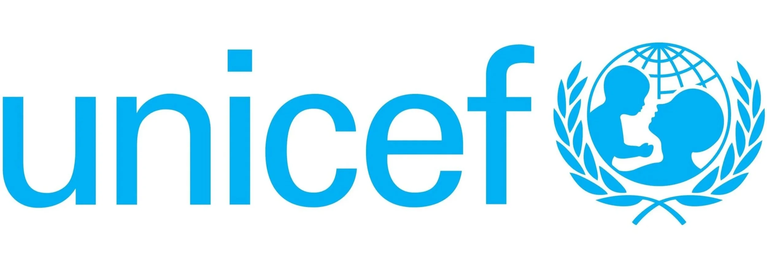 UNICEF logo with a blue text and a globe with two children facing each other, surrounded by laurel branches.