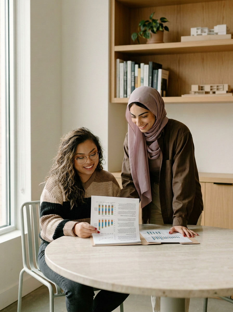 Two women looking at business reports on a table in an office.